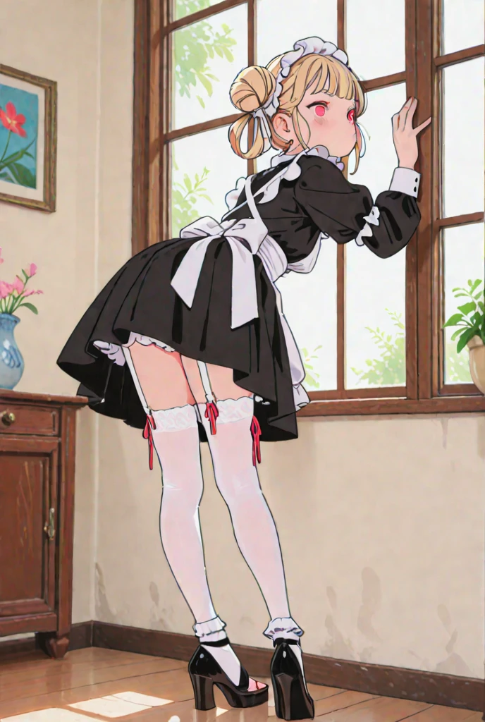 ((loli) | (sexy)) Maid outfit, cute face, slightly chubby figure, white stockings (|net socks), high quality shooting, highlight and mirror effect highlight white stockings.