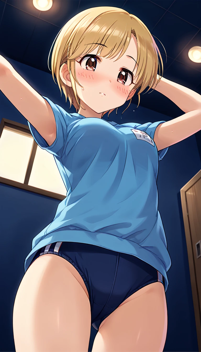(Perfect body),Best Quality,16 K、((((Short stature))))、((((Lori))))、(light blue striped panty lash)))、(long)、(a blond),(Sweat)、(Blue Eye)、((flat-chest))、(((thick thighs)))、Armpits、Squatting、Locker Room