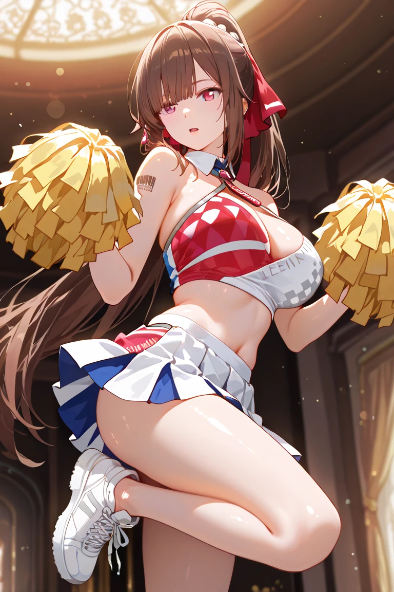 best quality,ultra-detailed,high resolution,extremely detailed CG,perfect anatomy,detailed,cinematic lighting,beautiful detailed eyes,ultra high res,(1Women:1.5),(1:1.4),(milf:1.6),milf,gleaming skin,oil skin,skindantation,sweat,humid,clothed,curvy,(sweat:1.2),nsfw,nose blush,cowboy shot,Glowing Skin,Beautiful Hair,looking at viewer,Smile,little open mouth,ishtar, ahoge, black bow, bow, black hair, earrings, hair bow, hair ornament, jewelry, long hair, (red eyes:1.5), (parted bangs:1.5),(cheerleader:1.2)
