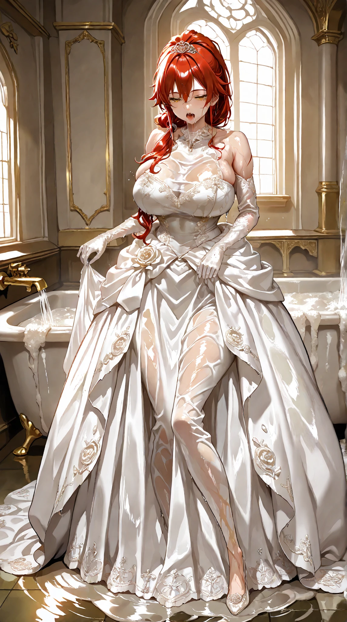 Character Details:, - Gender: 1 Girl.
- Style: Anime, - Body Type: Attractive body, slim body, nice legs, slim tights, nice arms, nice shoulders. - Breast: ((Small Breast:1,5)), Cleavage.
- Facial Feature: Beautiful, Gorgeous, Teenager, Fresh, Young.
- Expression: Shy, Smile, Horny, Pink Blush on Face, Sexy Eyes, Sexy Look, (Sweating:1.4), Innocent Look, Tipsy. - Hairstyle: Blunt Bangs, Long Hair. - Hair Color: red Hair.
- Clothing: ((Majestic Wedding Dress:1.6)), (off-shoulder:1.6), (Stocking:1.4). - Body Pose: (Kneel). - Behaviour: Waiting, Want Something, Secretly.
- Accessories: Earrings., Environmental Details:, - Setting: Bed Room., - Lighting: Natural Light., - Decoration: Modern Bed, Desk, Chair, Window, ((White Curtains:1.6)), City View. Top view. pov, anime style, UHD, retina, masterpiece, accurate, anatomically correct, textured. ((nsfw))