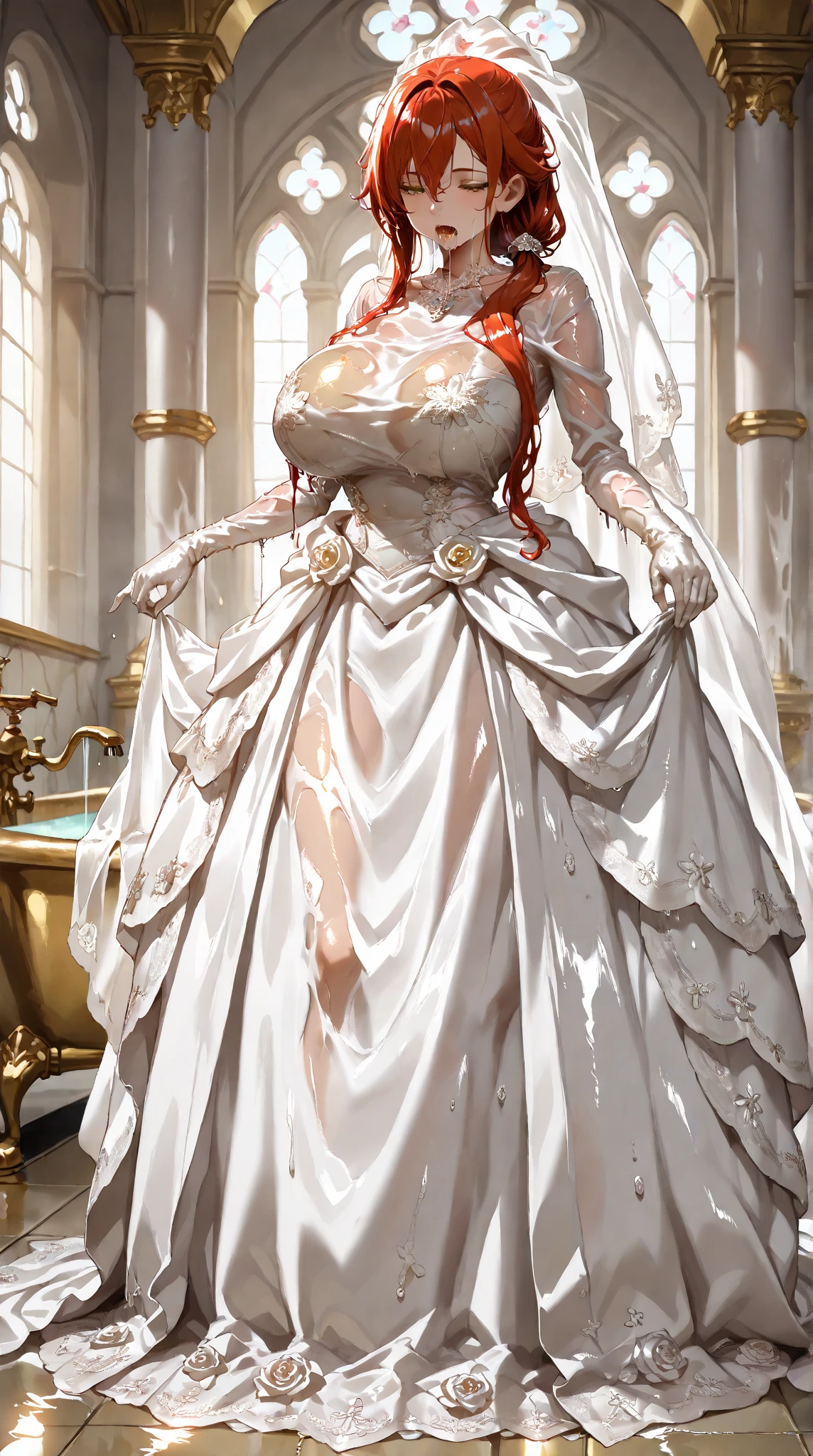 Isabella, glowing blue eyes, large breasts, (pale skin), (vampire) (fangs), thighs, ((perfect face)), <lora:Isabella:0.6>, (masterpiece:1.2, best quality:1.2, beautiful, high quality, highres:1.1, aesthetic), detailed, extremely detailed, ambient soft lighting, 4K, perfect lighting, <lora:Bridal:0.8>, (((bridal))), in church