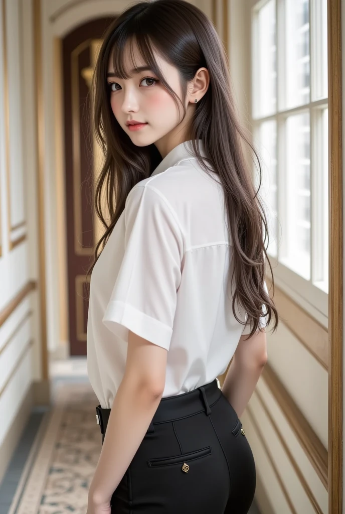 Tied Up Woman、(((Hands behind back with wrists crossed)))、(My wrists are tied with rope)、Beauty、Well-formed face、Shiny long black hair、Make your eyes even、Inside the hotel room、From behind、Show your whole body、White short sleeve shirt、Navy Semi-Long Skirt、Panty lines、Wearing pumps、Standing in front of the window、Age 25、Medium build、Like a real photo、Highest quality, light brown hair, straight hair, shiny hair, parted lips, seductive smile, Surrealism, Hyperrealism, Verism, cinematic lighting, tachi-e, first-person view, from behind, Nikon, UHD, anatomically correct, best quality, highres, 8k