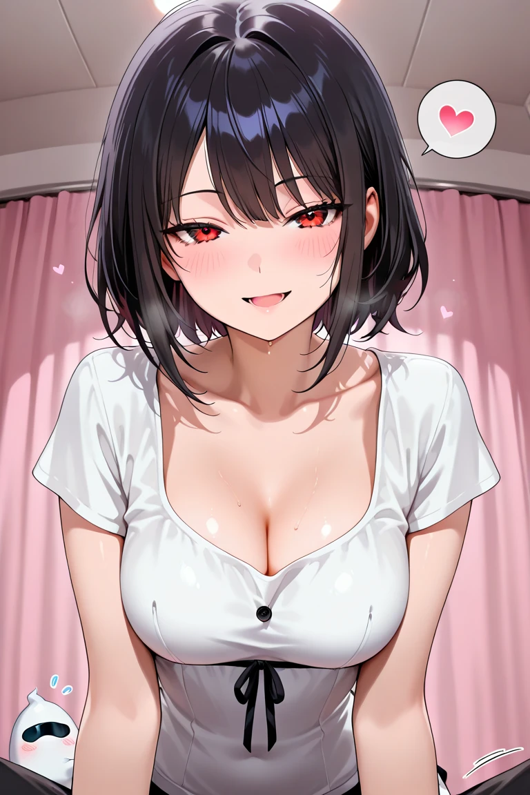 {lady with shoulder-length black hair named Rico}, business suits,tall,'', (It feels like saying Hello, daytime hours), indoor,{going out style}, ((Heart-shaped choker) ), (office room), Bright background, Mole under the eye, Heart-shaped choker, ((Masterpiece)), Highly detailed CG Unity 8k wallpaper), Top quality,, Detailed background, beautifully detailed eyes, heart shaped pupils,hollow eyes, looking at viewer,(very delicate and beautiful)), ((beautiful) eyes (detailed description),extra large breasts, browse,open shirts,red bra,floating heart,,sadistic smile,lorestruck,hot