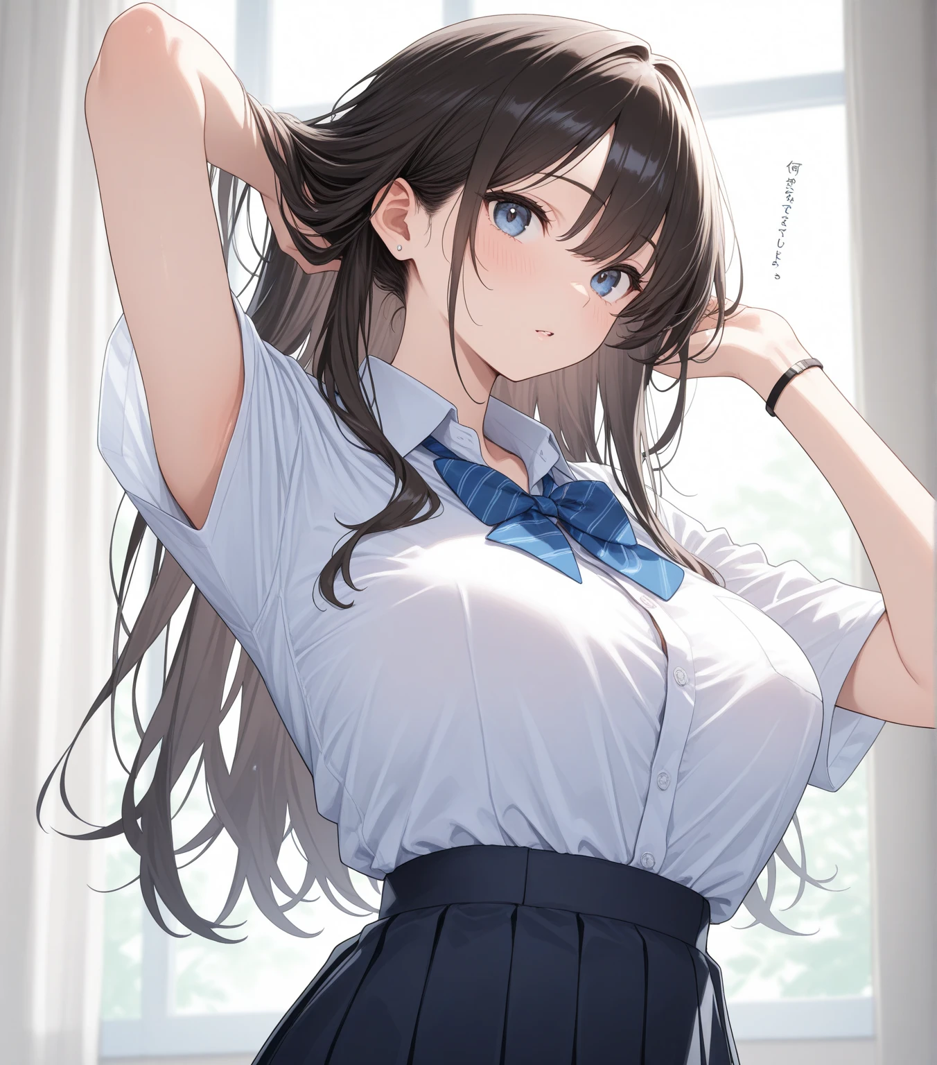 (masterpiece:1.2, Top quality), (Practical, photoPractical:1.4), Nice illustration,
Looking at the audience, whole body, Front view:0.6,
1 girl, Japanese, high School girl, (Long hair:1.5), Blow dry hair, (Half, Halfdo), Bangs, Hair between the eyes, Large Breasts:0.8,
Beautiful hair, Pretty Face, Beautiful and delicate eyes, Beautiful clavicle, Beautiful Body, Beautiful breasts, Beautiful thighs, Beautiful legs, Beautiful fingers,
(Beautiful scenery), , School,
((Short-sleeved shirt with collar, White shirt, , Grey plaid pleated skirt, Blue plaid bow tie)), White,
(permanent, , Lift up your skirt, Grab the hem of your skirt, 双Hand on胸前, Hand on),
blush, ,