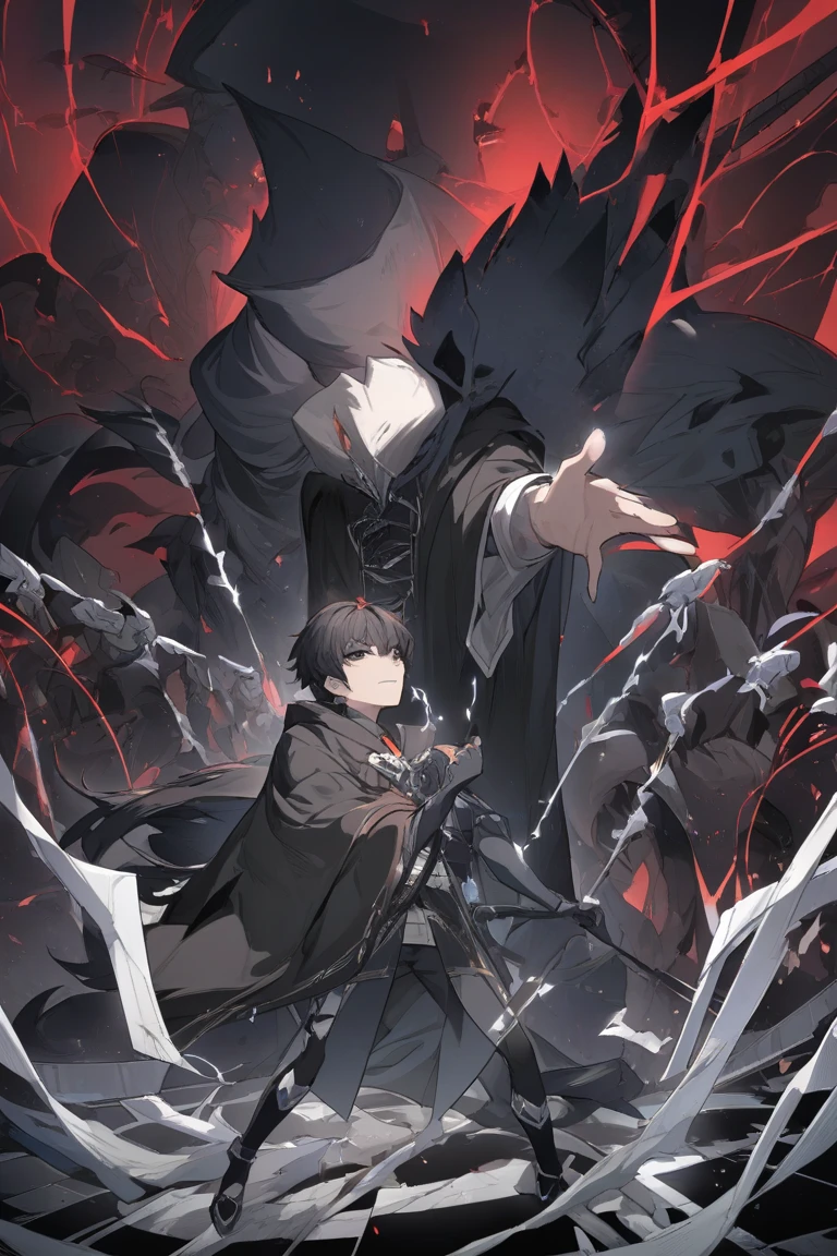 young man ,Male Dark, dark Woods, cold red colors, man brown hair with red eye, Warlock dnd , ghoul body