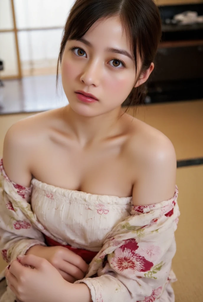 face  :9,4148934626], Bewitching beautiful mature woman、40 years、stature　154cm、well-proportioned figure、The figure of the hourglass、Japan in a yukata、Yukata at Japan Ryokan、Shoulder out、鎖骨、model in Japan、Japan sexy woman, Gorgeous Japan Woman, goddess of Japan, A smile、Raw photo, (in 8K、top-quality、​masterpiece:1.2)、(intricate detailes:1.4)、(Photorealsitic:1.4)、octane renderings、Complex 3D rendering ultra detail, studio lights, Rim Lights, vibrant detail, super detailing, realistic skin textures, Detail Face, Beautiful detail eyes, Very detailed CG Unity 16k wallpaper, make - up, (detailedbackground:1.2),　shinny skin、