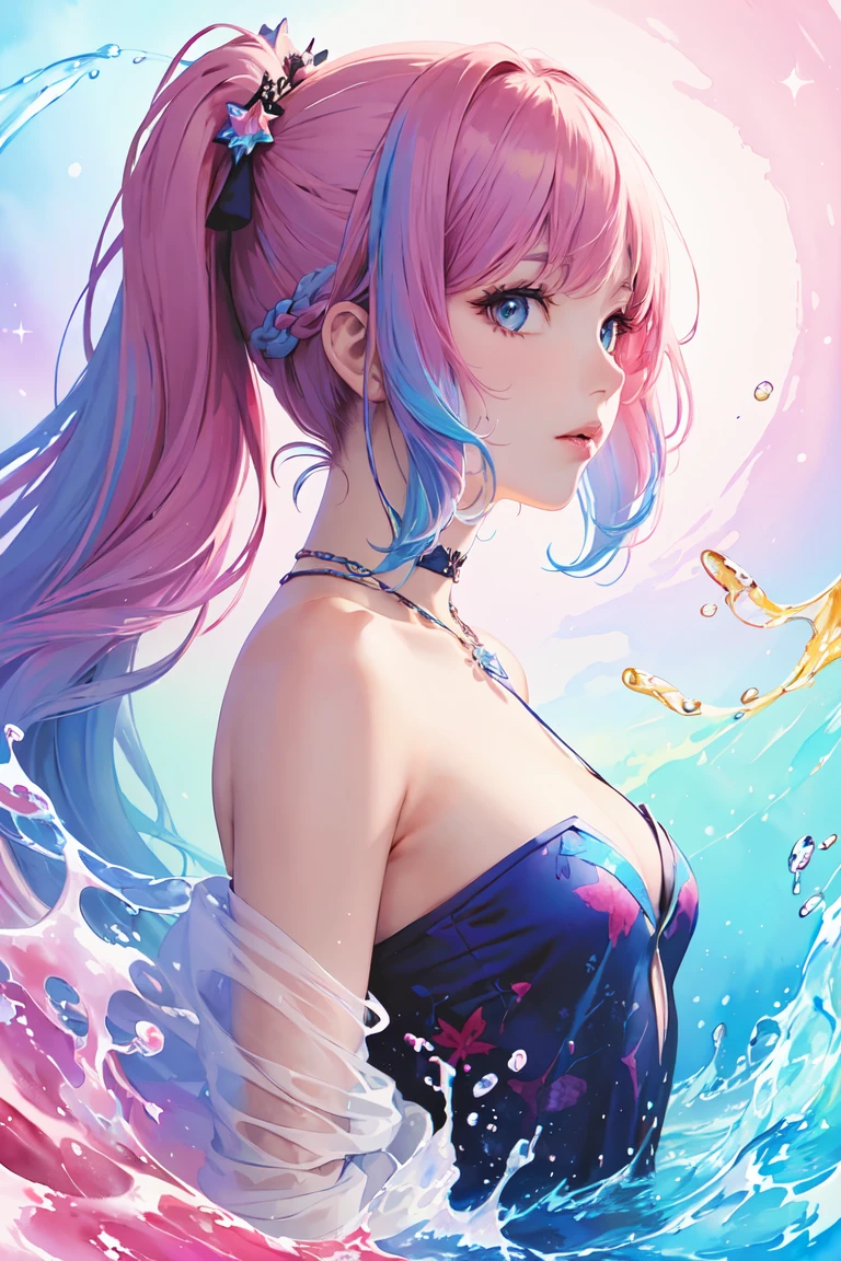 a glossy pink and blue liquid, in the style of glitchcore, rococo pastel, light silver and brown, y2k aesthetic, swirling vortexes, iridescence/opalescence, emotive figural distortions