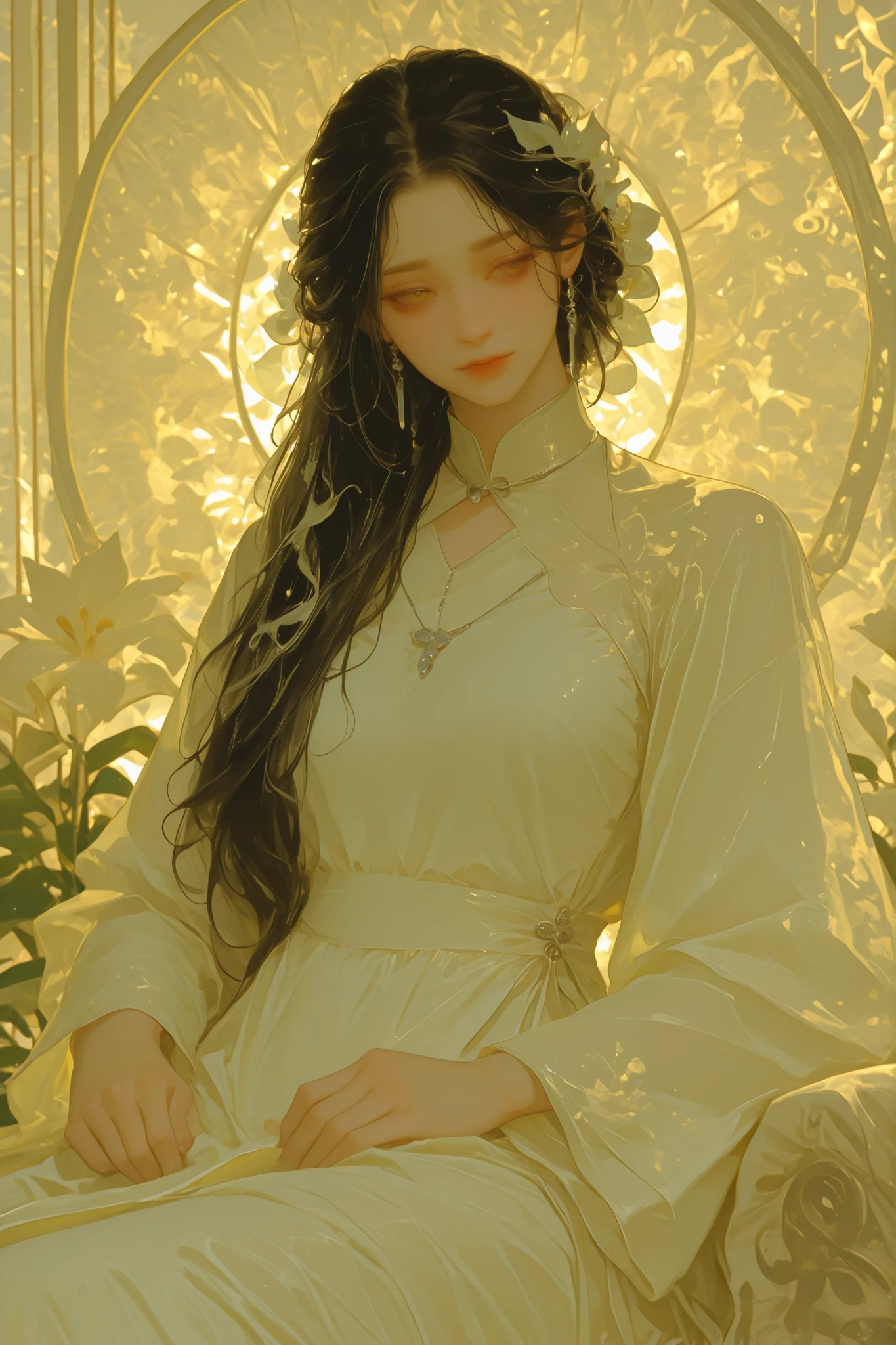 a Vietnamese girl ,A gentle muse with long dark hair, a lily in her hair , hoa huệ, wear traditional white Vietnamese Long Dress, light yellow light light incense, Silver jewelry.