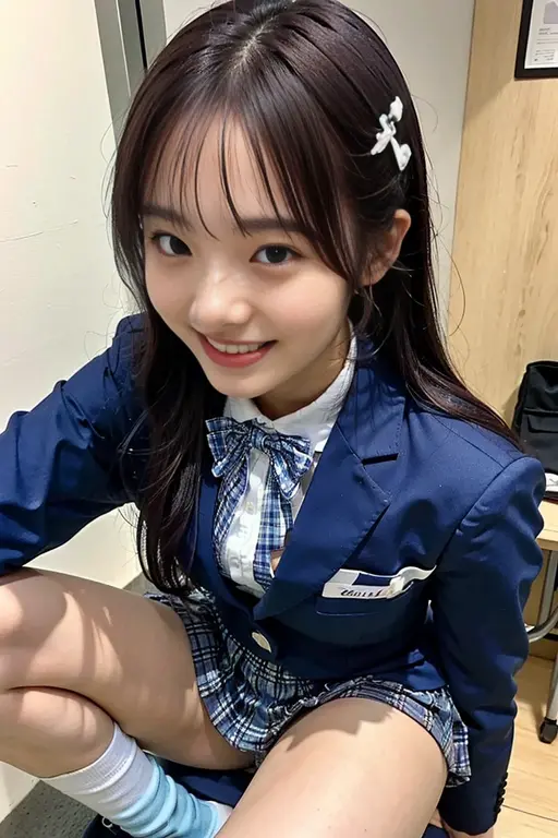 (8K), (highest quality: 1.2), (realistic), (realistic: 1.37), ultra high resolution, (1 girl、17 years old), cute, smile, closed mouth, beautiful details, beautiful nose, wet hair, giant dulcefo, pork, thighs，Self snap,High school Student Uniform,(A simple navy blue blazer),pleated skirt,(The skirt and tie are gray tartan check pattern....:1.3),(sitting:1), sit on the ground,(hug your feet:1),white pantyhose,from the front,knees、loafers、Low - Angle、From the front view、Checkered Pleated Skirt、Ponytail 1.2、Knee-high socks、barefoot、((Between the legs、Panties that fit the female genitals、White panties、膝を上げて、お尻を床に付けて座る))