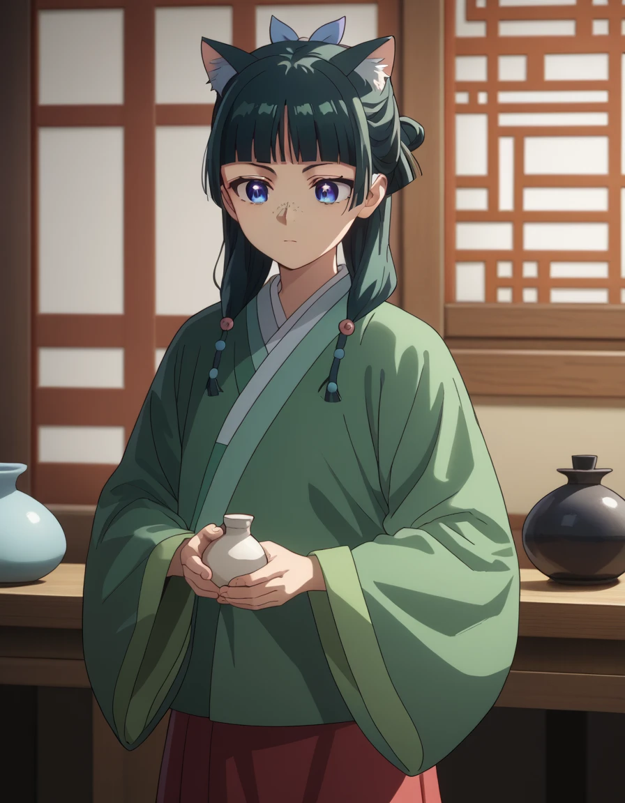 kusuriyamaomao, <lora:kusuriya maomao s1-lora-nochekaiser:1>,
maomao, long hair, bangs, blue eyes, hair ornament, green hair, blunt bangs, freckles, hair bun, single hair bun,
BREAK japanese clothes, robe, green robe, long sleeves, wide sleeves, skirt, red skirt,
BREAK indoors,
BREAK looking at viewer, (cowboy shot:1.5),
BREAK <lyco:GoodHands-beta2:1>, (masterpiece:1.2), best quality, high resolution, unity 8k wallpaper, (illustration:0.8), (beautiful detailed eyes:1.6), extremely detailed face, perfect lighting, extremely detailed CG, (perfect hands, perfect anatomy),