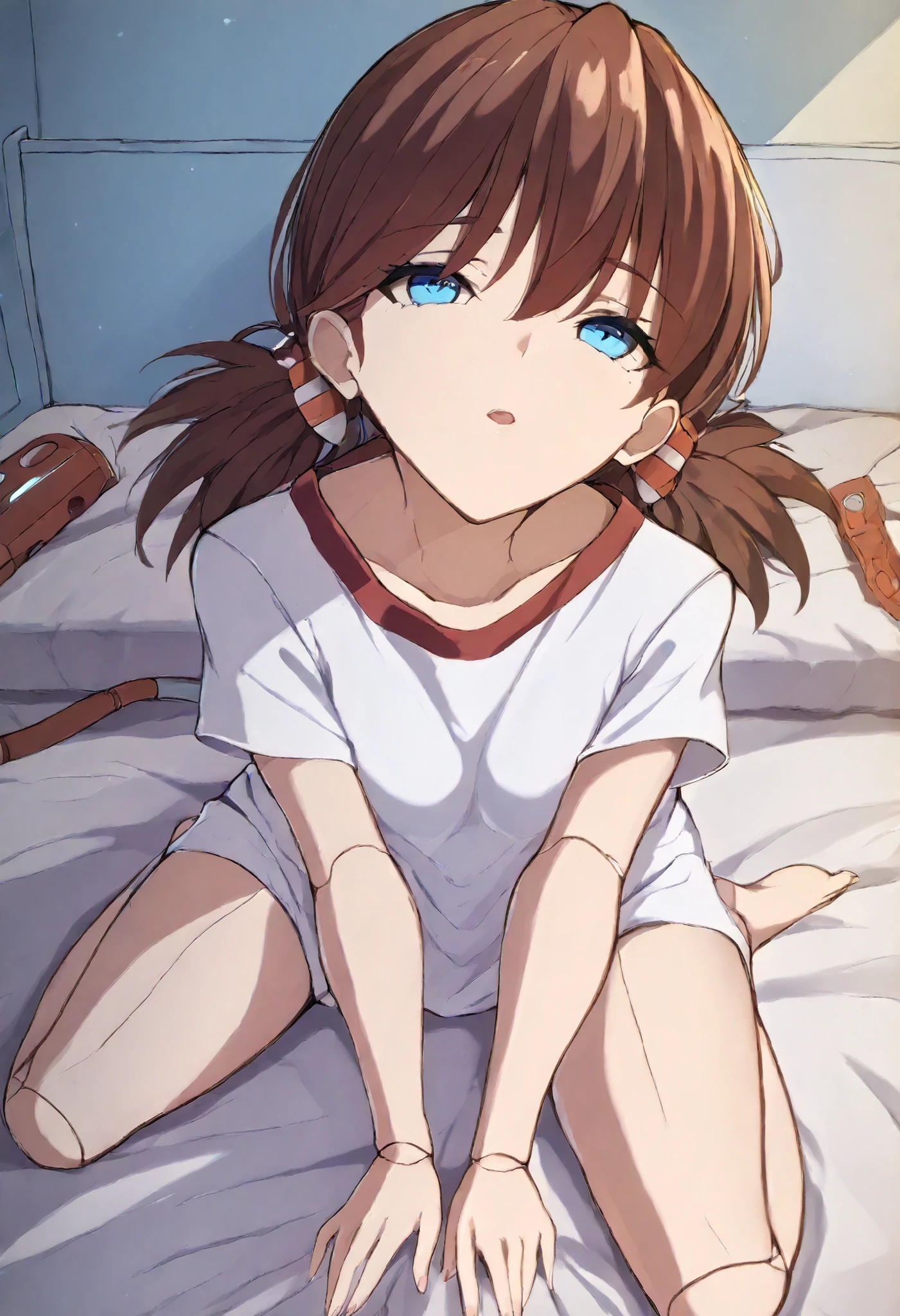 A mechanical lady is very short pigtails, brown hair, Hair tie with two red big crimson red clothespins, android, blue eyes, anime picture. angle from directly front view. full body figure. barefoot. she is laying in bed. She wares only simple white shirt. lively face. Squirting from all body. She invites into bed.