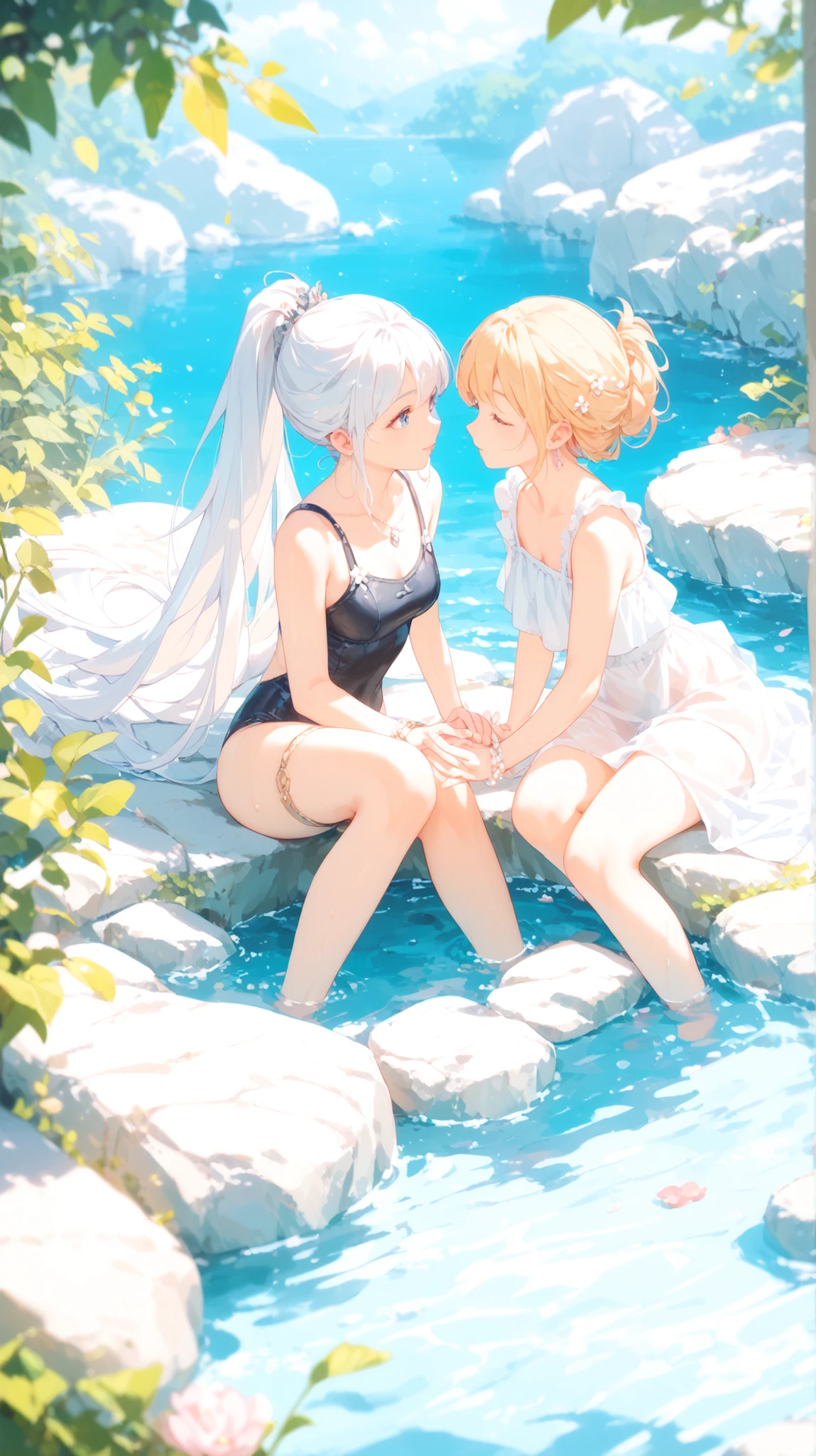 Masterpiece ,Top image quality,hight resolution,imagem 4k,Raw photo,Photorealsitic,extremely beautiful 2 hi-school girl kissing each other, friends, naughty face, blushing , extremely beautiful lesbian deep kiss, stare each other closely, white high Sox, white garter belt, exposures breasts and nipples, perfect small breasts, topless, See-through panties, red cheek, deep blue eyes color , top less ,beautiful butt, naked, cherry blossom blooming, 最high quality,table top,Bright yellow eyes like jewels,yellow hair、ponytail,, magical , PRİNCESS, adventurous girl, OK, smile、nymphomaniac, high heel boots, gloves, zettai ryouiki, earrings, natural otaku, moonlight,under the moon,At night,full body shot、masterpiece, high quality, High resolution, (masterpiece:1.6、最high quality), (OK and beautiful eyes:1.2), tropical beach、((white dress))、perfect hands、crossed legs,look up(masterpiece:1.6、最high quality), (OK and beautiful eyes:1.2), perfect hands,((Peeking out from directly below))、(((shoot from below)))、turn your arms behind your back、be quiet, From above,lie,Ocean View、The world's most spectacular ocean view,;do not interrupt prompt。Half in the Ocean、Floating in the Ocean,m shinobu heart under blade