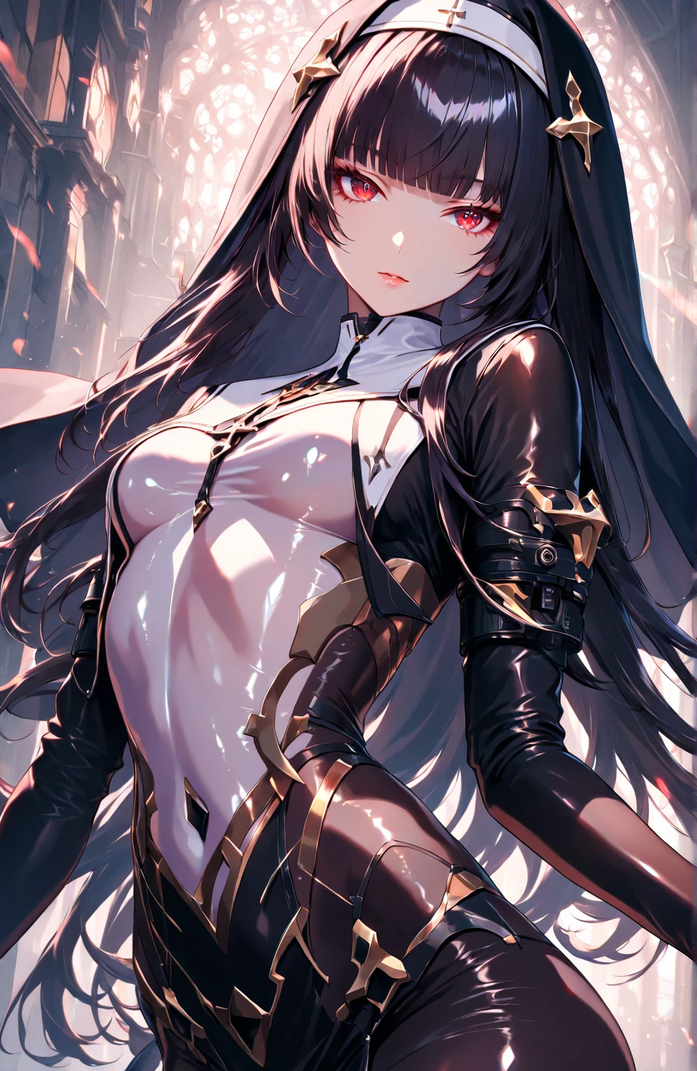 Woman, adult, long brown hair, red eyes, black leather dress, large breasts