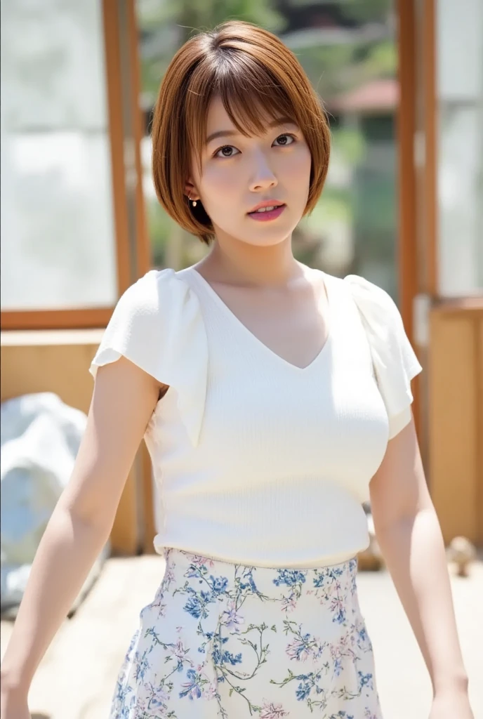 Pink carnations in full bloom、Colorful flowers bloom in the background、Outdoor Photography、Lens flare、((Loose perm、laugh、Shiny Hair、Light coming from behind、Beige Hair、Elegant hairstyle、Curved waist、Do not show cleavage、Beige summer knitwear、Cute Mini Skirt、Loose perm、belt、Large Breasts:1.4.))、Medium Short Hair、Silver necklace and small silver earrings :1.4))、Full body photo、Toothy smile、 Caustics、Highly detailed photos、Very beautiful woman 、Ample breasts、No makeup、(8k、RAW Photos、Highest quality、masterpiece:1.2)、(Realistic、Realistic)、1 girl、((Medium Short Hair、Blur the background、Looking into the camera:1.4))、