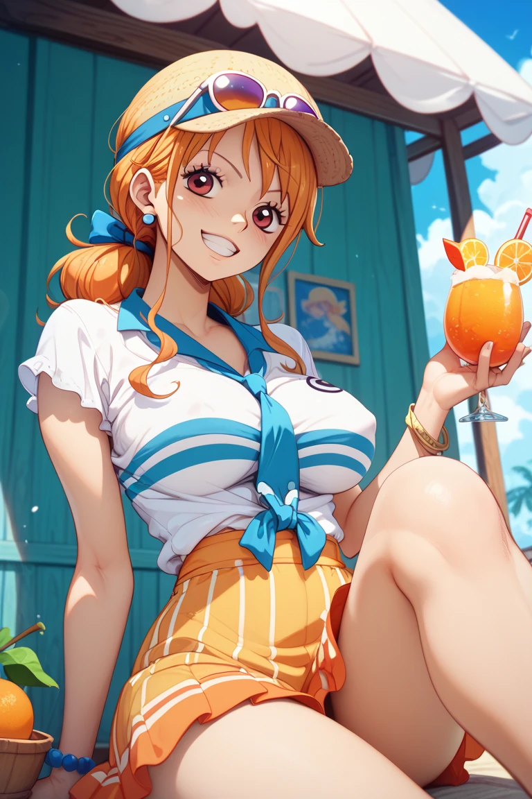 (bestquality,masterpiece) ,NamiOP, jewelry, smile, cleavage, earrings, bracelet, navel, collarbone, denim, pants, jeans, :d, groin, holding, closed_eyes, sitting, stomach, blue_pants, blurry_background, hat, solo_focus, blurry, food, fruit, orange_\(fruit\), holding_food, holding_fruit, mandarin_orange, straw_hat, ((jacket)), blush, sexy pose,