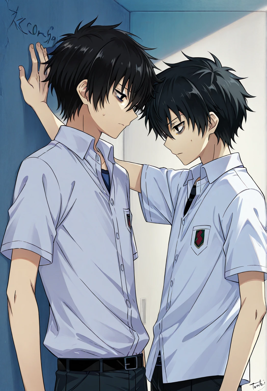 A highschool boy, handsome, perfect body, black hair, short hair, mullet, black eyes, upturned eyes, expressionless, black highschool uniform, anime, first-person view, masterpiece, anatomically correct, high details, highres, best quality, super detail, 1080P