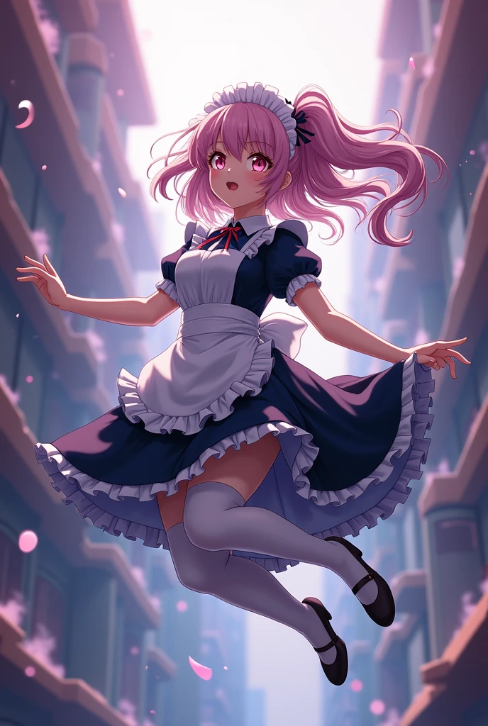 Highest quality、Shiny silk short sleeve puff sleeve pink maid outfit、See-through、very, very short skirt、Giant ribbon、A short white ruffled apron、Garter belt with ribbon、Pink high heels with ribbon、Large headband with ribbon、Flushed Cheeks、Embarrassed look、Pure white underwear、Pull up your skirt、Raindrops、storm、Stand on a chair and stretch、Looking up from directly below、Tie with string