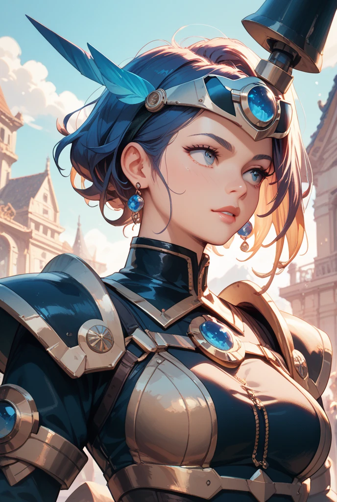 (masterpiece, best quality), 1girl, Ultramarine Twisted Updo with Hair Vine, Size H breasts,  <lora:HerrscherAGGA2023_Saiyan_Scouter_V2:0.8> Saiyan Scouter, Saiyan_Scouter, scouter, tinted eyewear, saiyan armor, armor