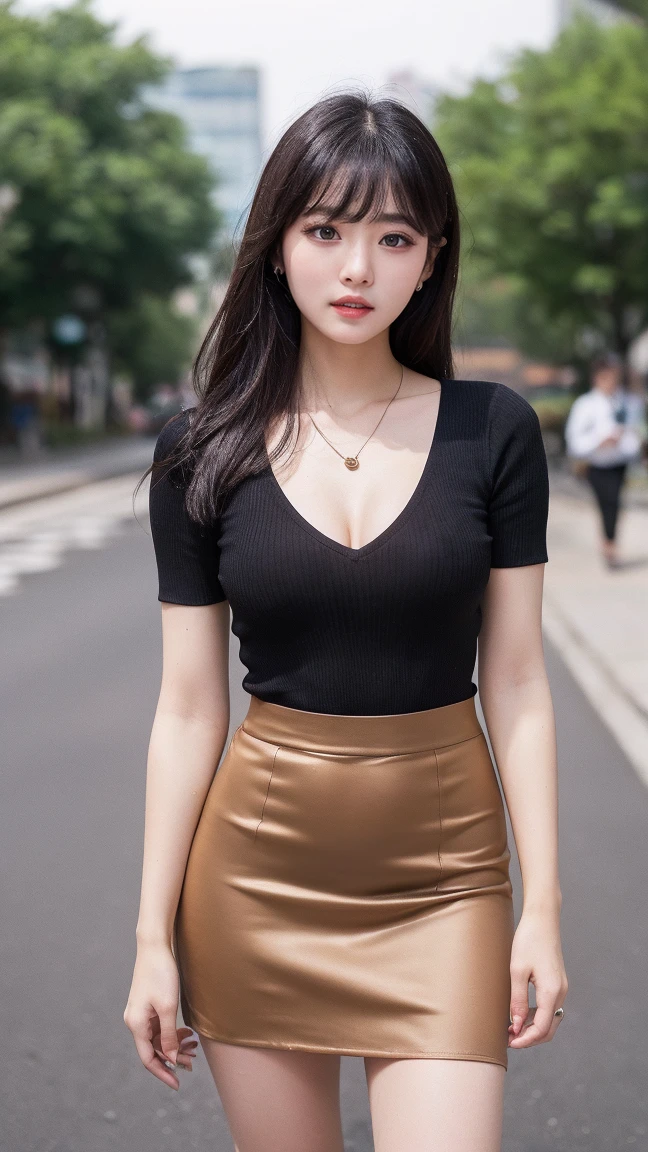 Beautiful woman、A face with glamorous eyeshadow and makeup、Nice body、Big Tits、Earrings、Are standing、Ribbon in hair、Short sleeve blouse、Vinyl micro mini skirt、garden、(Shiny skin:1.3)、From the thigh up