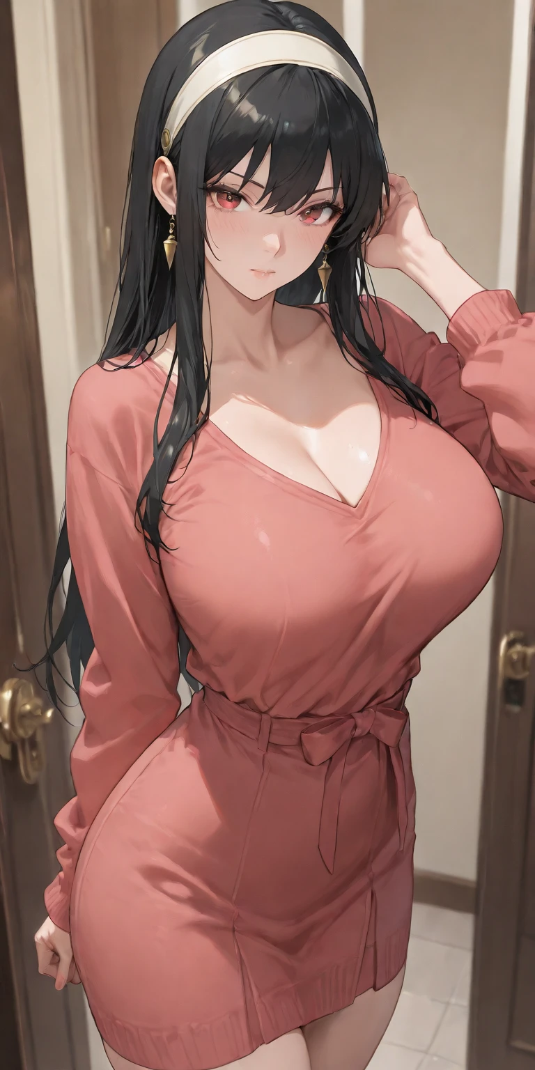 masterpiece, best quality, highres, 1girl, black hair, long hair, purple eyes, necklace, earrings, thighhighs, red dress, cleavage, cowboy shot, standing near the window,