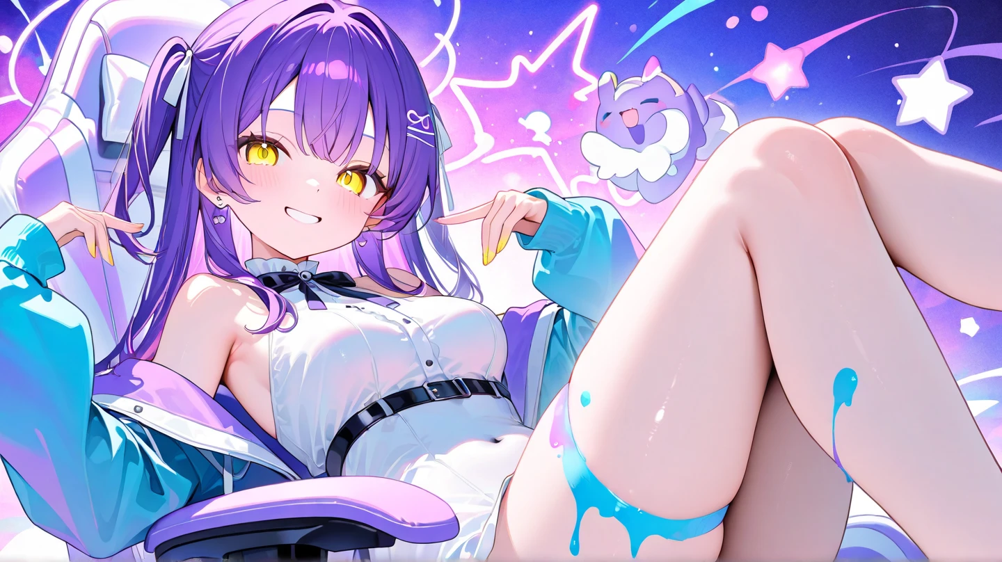 Naked girl in basketball uniform with big tits and blue hair with a clear view of her pussy masturbates with a vibrator and cums with an ahegao face