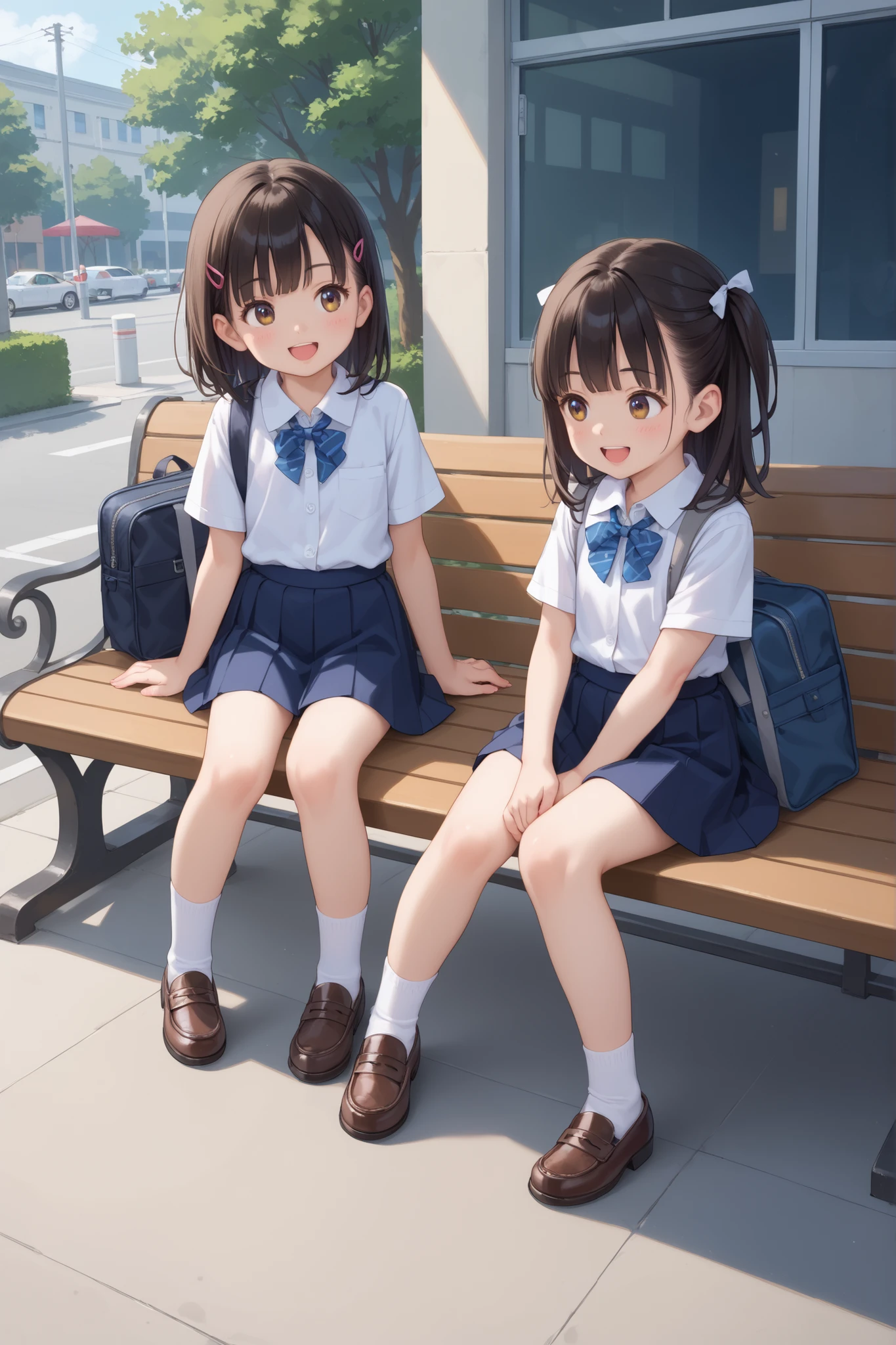 masterpiece,highest quality,One Girl,alone,Backpack,drinking,bag,Twin tails,Sitting,Black Hair,waist clothes,Brown eyes,Outdoor,mini skirt,drinking straw,socks,Jacket around waist,Jacket,Sunburn,Ground vehicles,cup,drink,Long Hair,Day,scenery,Brown Hair,bench,Power lines,Grass,a bit,Hamburger paper bag,