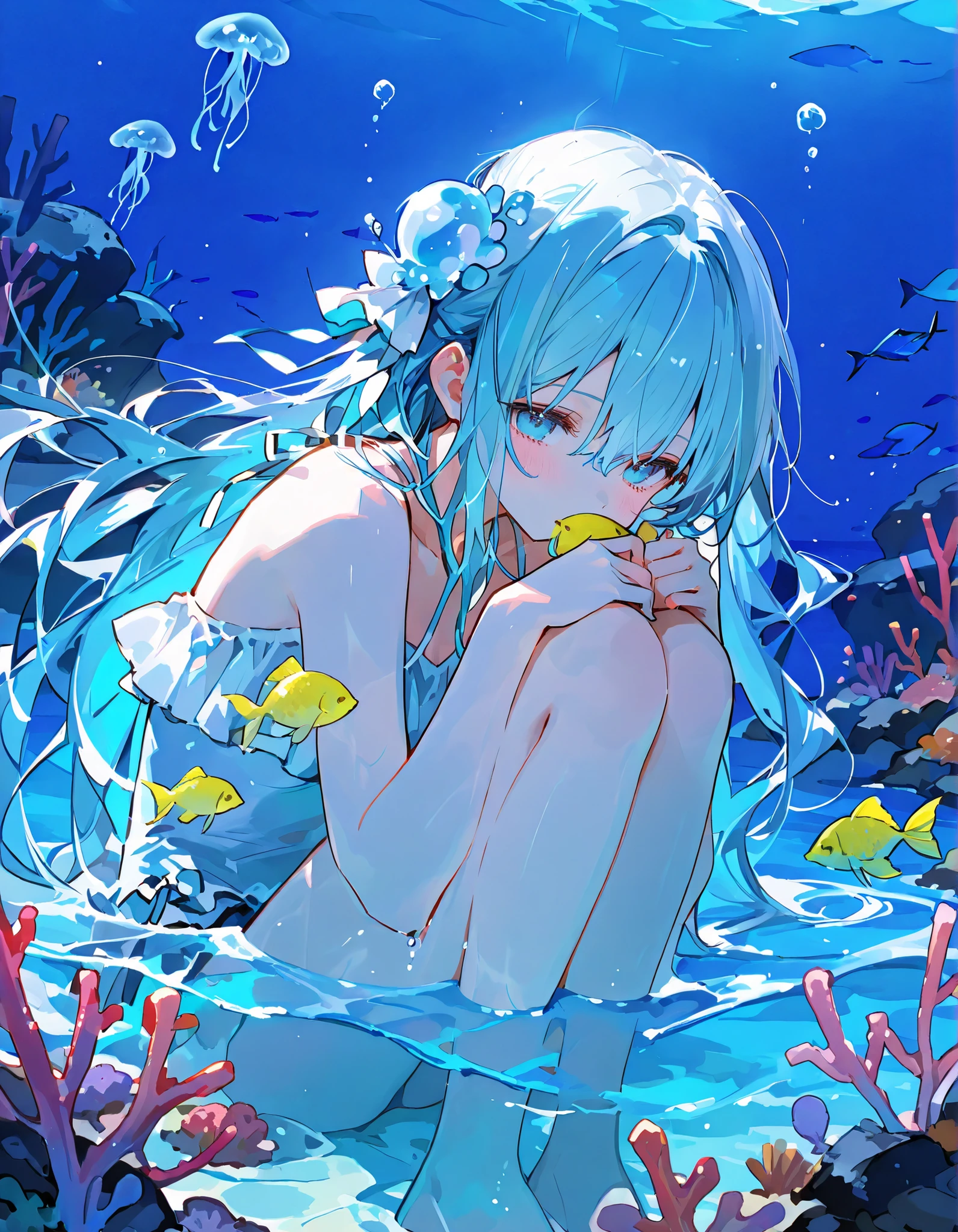 In the water、seabed、 In the ocean、red fish、yellow fish、blue fish、Jellyfish、bubble、Coral Reef、deep sea,girl,Good times