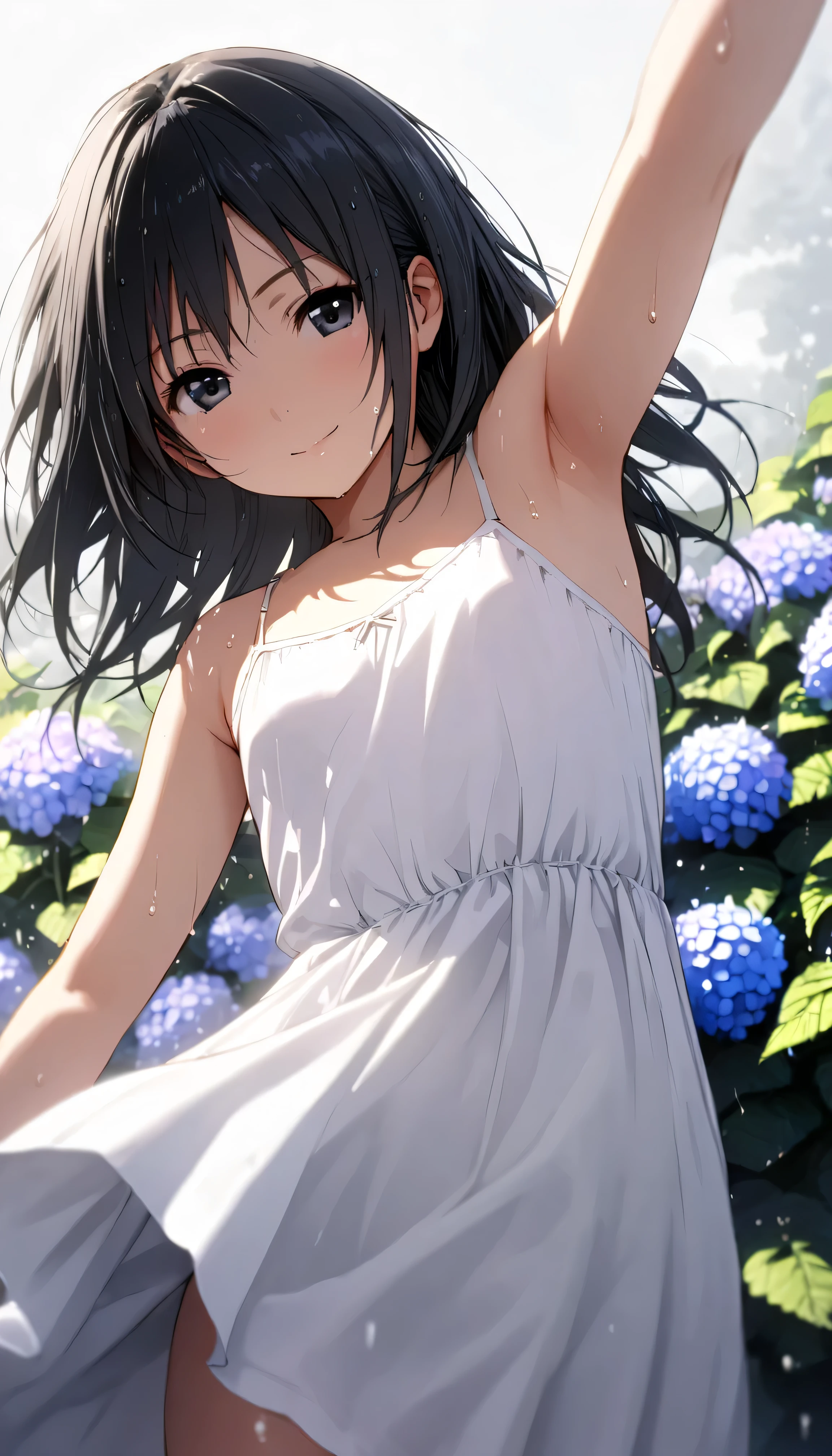 masterpiece, best quality, ultra-detailed, 8k, high resolution, Gentle colors, soft focus, dreamy background, White background, Hydrangea background, Delicate and dynamic, light rain, The wind is blowing, 1 girl, Long white camisole dress, Wet and shiny black hair, Wet and shiny skin, smile, verx young, Flat chest, Short stature, Dynamic pose, Dynamic Angle, Angle from below, in the soft glow of early morning light, Light from the front