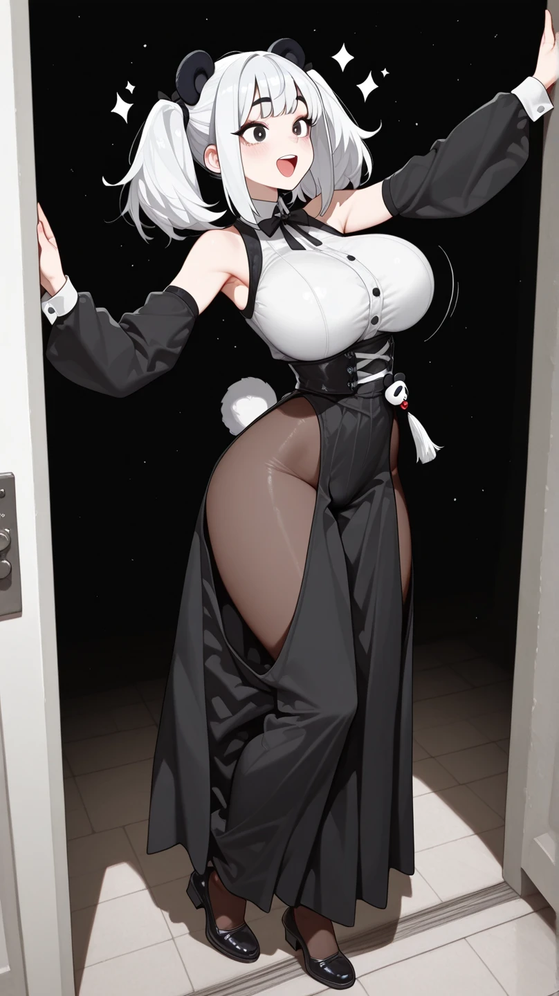 1woman, Holopunk Style, perfect white hair, masterpiece, highest quality, indoor, shy, embarrassed open mouth wavy grin, disheveled twintails, compensate, is standing, Pause, blush, (tight thigh-length Black T-shirt, White striped sleeves, tiny cartoon skull logo blocky art style on shirt), ((extremely , extremely big , extremely wide , hourglass figure)), (((side angle image, hands resting on , standing in door way))), 