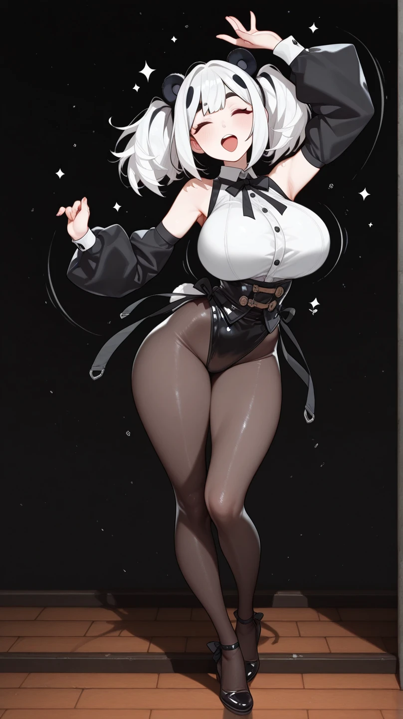 highest quality　High resolution　one young beautiful woman　red eyes　beautiful white hair　medium perm　cute soft girl　Cat ear　The huge breasts of a virgin killer with amazing charm　bbw　open your legs vertically　standing on one leg