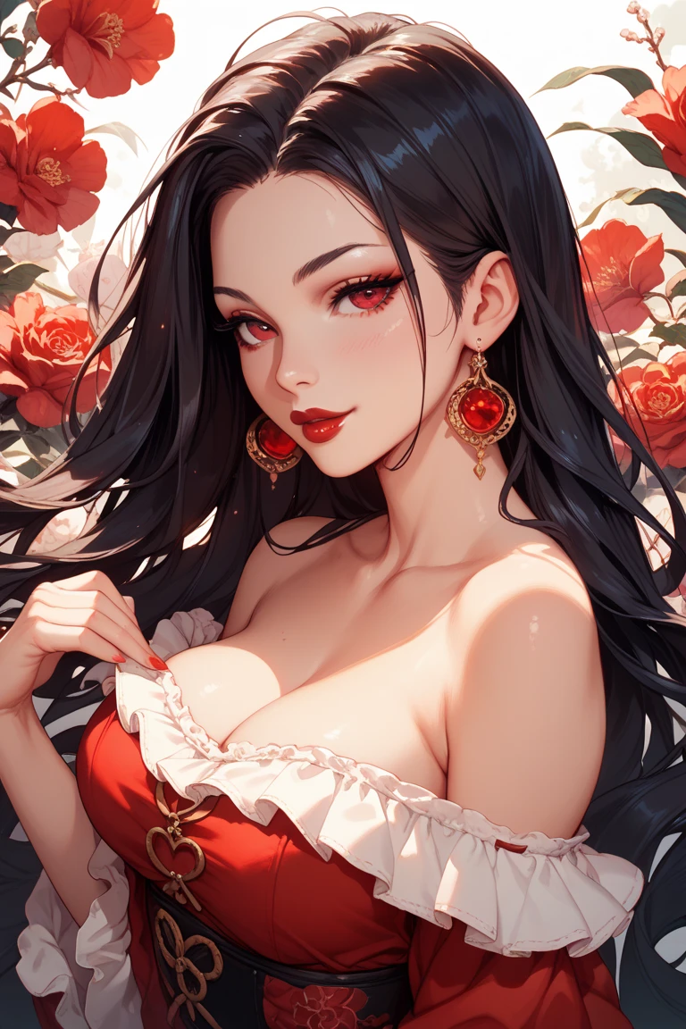a woman in a red dress standing in front of flowers, beautiful comic art, beautiful alluring anime woman, beautiful anime woman
