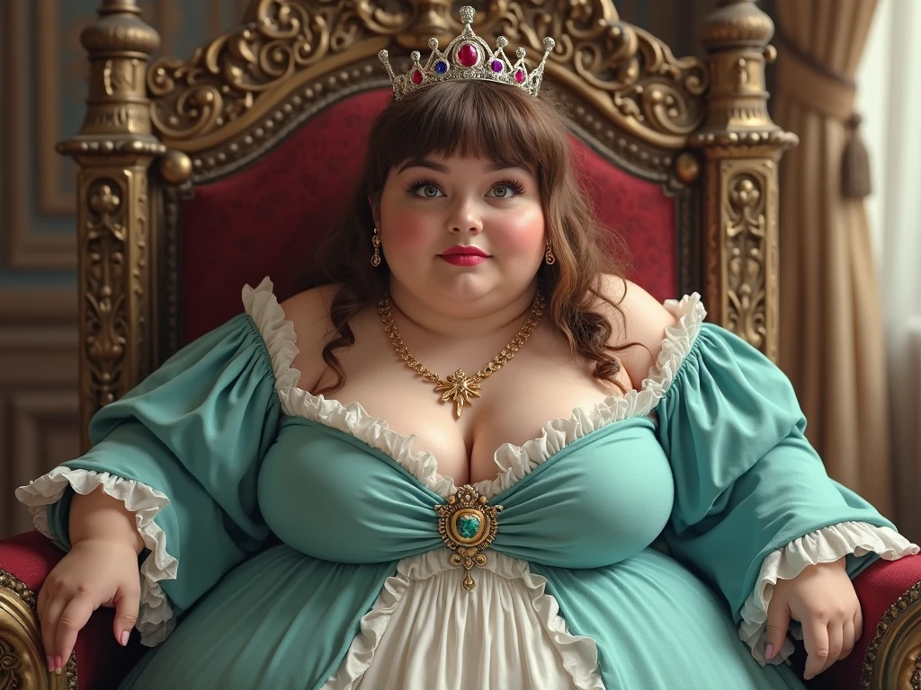 A Sideview elegant photo, golden aura photo of a young beautiful redhead bbw with soft fat belly, wide fat obese hips, thick fat legs and fat arms, cute pretty face, small breasts, blue eyes, freckles, in a purple covering detailed long beautiful pianist dress Wearing jewelery and golden female watch, sitting and playing a grand piano in an opera, goldem hour