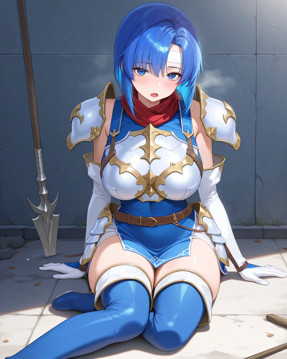 catria_nm, cute, Blue Hair, Short Hair, blue eyes, kawaii, Thin Waist, Small, Toned, middle breasts, bare shoulders, red neckerchief, blue elbow gloves, blue fingerless gloves, shoulder armor, belt, breastplate, white headband, short dress, Slit in dress, Blue tight boots, Blue long boots, Pegasus Knight Uniform (fireemblem), short stature,squat,battlefield,ancient city,Middle Ages,blush,scared,anguish,open mouth