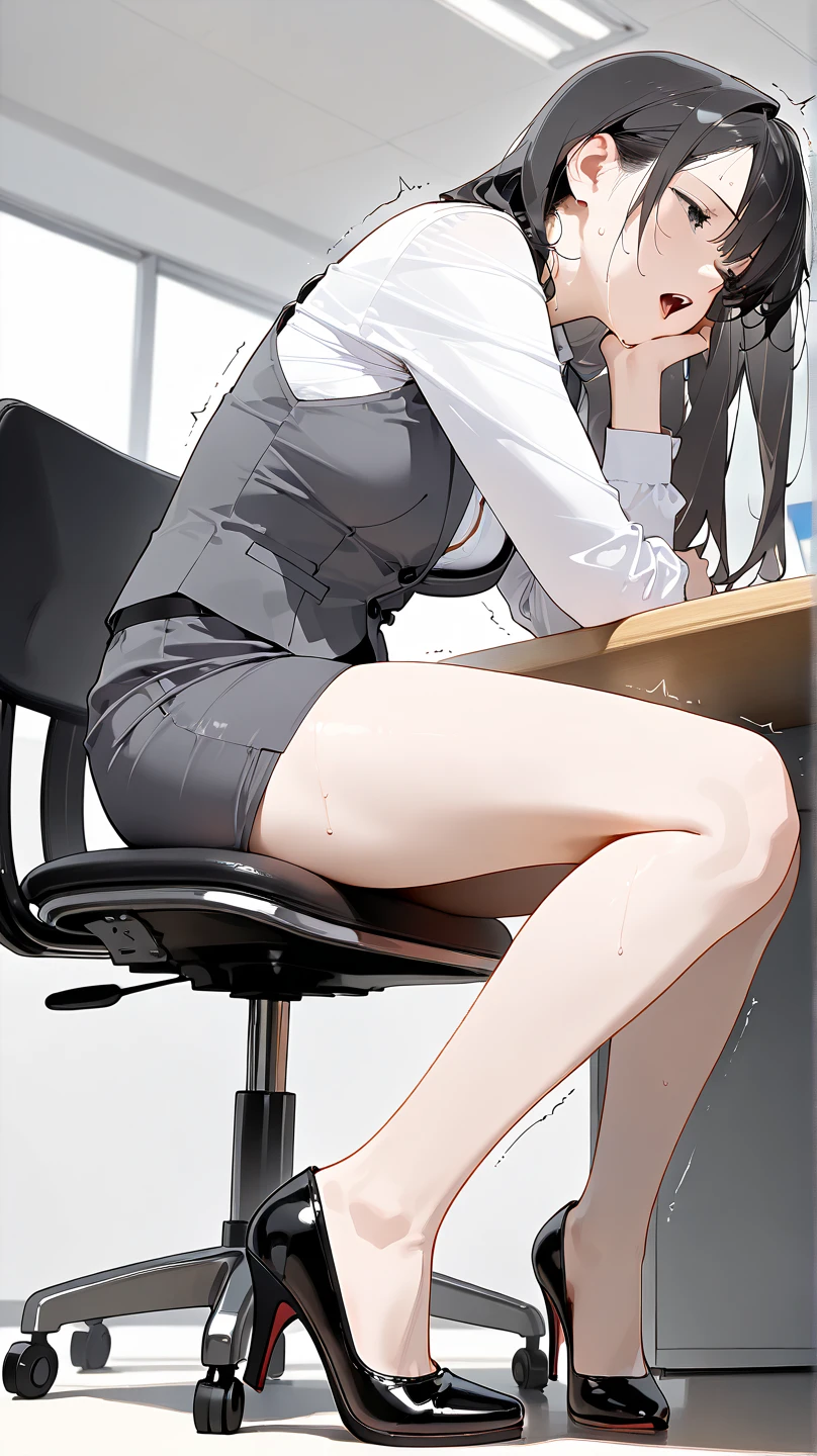 ((Highest quality)), ((masterpiece)), (detailed) Cowboy Shot, 黒髪Long Hair {{Small breasts}}{{{slitの入ったロングスカート}}} Contemporary mature adult woman sitting in chair officeカジュアル{{{スレンダーなofficeレディ}}Exposing shoulders 深いslitの入った膝下スカート Long Hair {{{No sleeve}}}office {{{No sleeveボタンシャツ}}} belt slit watch Exposed arms Focus on the feet pumps Knee-high socks