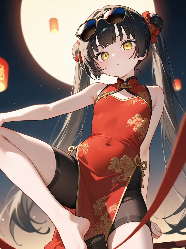 Anime style ,moon background , young girl chinesa , 12 years2girls, full-body_tattoo, very long black hair frinje traditional , twintails , green eyes , angry face, blush ,full-body_tattoo , chinese dress dress with side slits ,side tie panties , flat chest, pantie, garterbelt long socks. Kung-fu pose. Kick lifting her leg