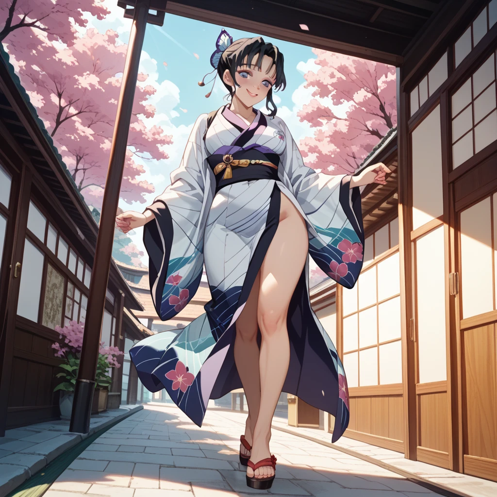 masterpiece, best quality, ichijou aoi, hair bow, ponytail, purple kimono, sandals, walking, from below, looking at viewer, thick thighs, large breasts, shiny skin <lora:ichijouaoi-nvwls-v2-000012:0.9>