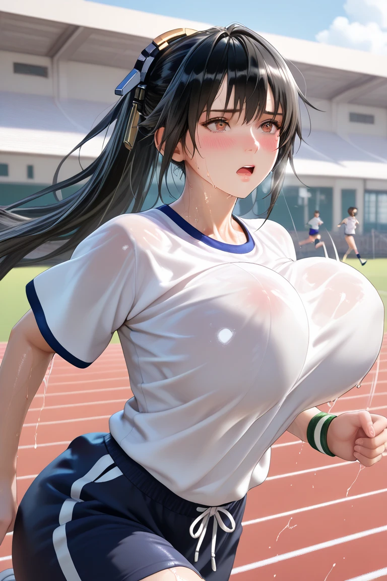 pieces fly、masterpiece、highest quality、Super detailed、High resolution、High resolution、8K portrait、Unity 8k壁紙のHigh resolutionCG、unity 8k wallpaper、cute type little:1.5、:1.5、Highly detailed CG unity 8k wallpaper、realistic、real person、cute type little、 portrait photography、shiny skin、High resolution、(16 years old:1.2)、(1 girl)、beautiful clear eyes、very detailed explanation、delicate face、nice lips、slender body、Same with big breasts thin waist、thin legs、(athletics stadium:1.6)、1 girl, cute type, perfect face, seriously, (blush:1.5),((There are a lot of people nearby:1.4))Same with big breasts,((track and field color uniform:1.2)),(((clothing lift:1.5))), (((I have nipples))),(lower body:1.4)、Detailed description vagina,show vagina,spread legs,spread ,((cum in vaginas:1.3))