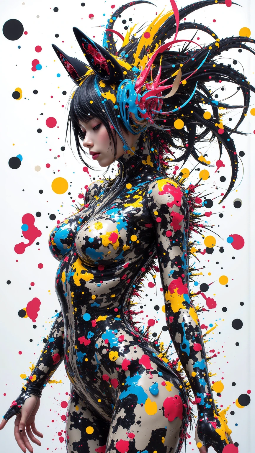 (Paint splashes),body paint, body art, paint covered her body, black paint, lamplight,the girl,Look at the camera,big round eyes, Cutes, sexy pose, nude body, above the knee shot