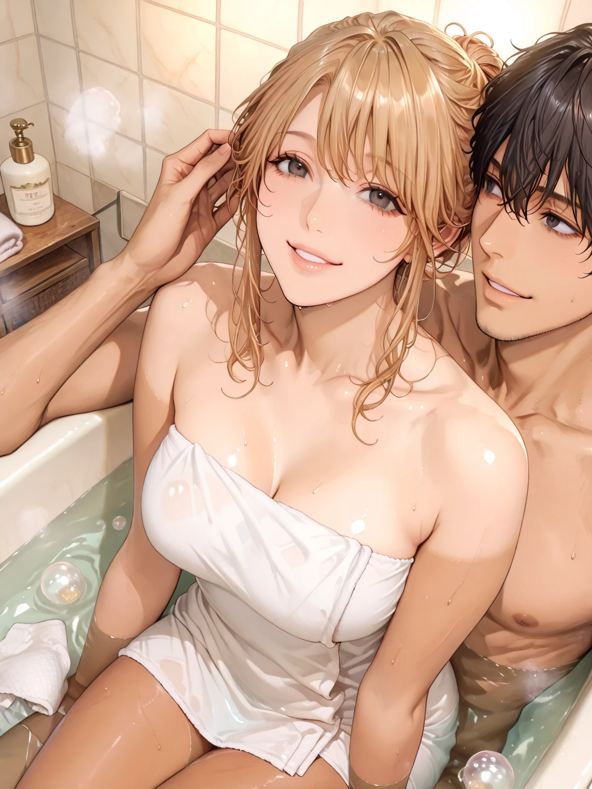 a beautiful lady, solo, all fours, close up, (hair over one eye), Open your mouth and put out your mouth and drool、smil, negligee, breasts, cleavage, bedroom, luxury room, bed,(Super big breasts that are about to fall out)、(((Tecateca skin、Shiny skin、Oil skin、wetted skin、Sweaty skin、Slimy skin)))、bedroom、
Guy Tired After Love Bed --