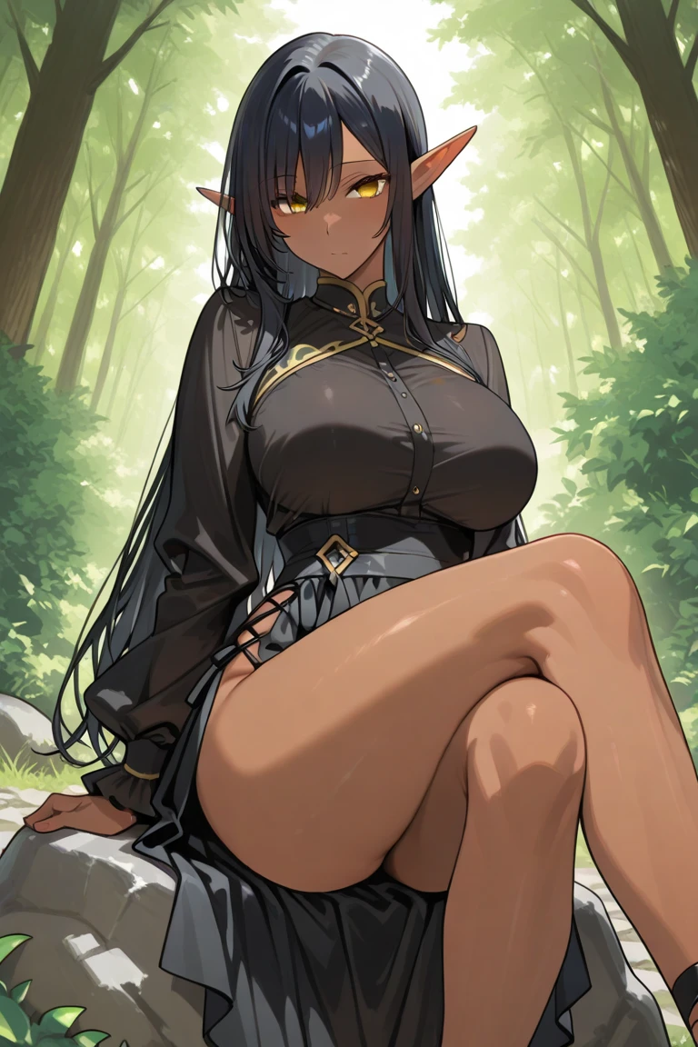 1girl, areola slip, bare shoulders, black hair, boots, brown eyes, circlet, dark-skinned female, dark elf, dark skin, detached sleeves, earrings, elf, hair over one eye, highleg, highleg panties, jewelry, gigantic breasts, long hair, navel, olga discordia, panties, pointy ears, revealing clothes, panties, parted lips, pointy ears, red eyes, solo, shiny, shiny skin, solo, thighhighs, underwear, very long hair, shiny skin, pubic tattoo, ((BREAK outside sunny day, forest, trees, shade, light scattering, leaves)), traditional media, flat colors, texture, (Naked:1.4), (see-through lingerie:1.3), (blushing face:1.4), large breasts, legs apart, see-through, masterpiece, ultra quality, 4k quality, high details, ((g cup)), (cameltoe)