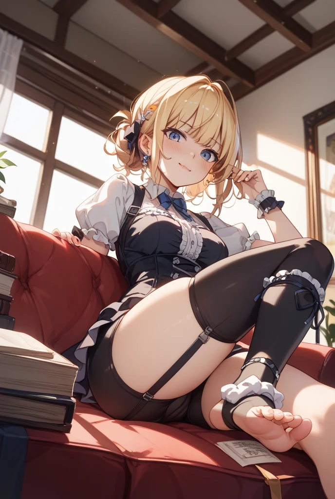 araffed Eula in a blue lingerie and pantyhose laying on a couch, on a couch, pretty face with arms and legs, side ponytail, braided hair, diadem, sexy look at the camera, sitting on the couch, beautiful angle, good young girl, sitting on her bed, sitting on the bed, sexy girl, sitting on a bed, posing in bed, lace, sheer, visible bellybutton, blonde, pink eyes
