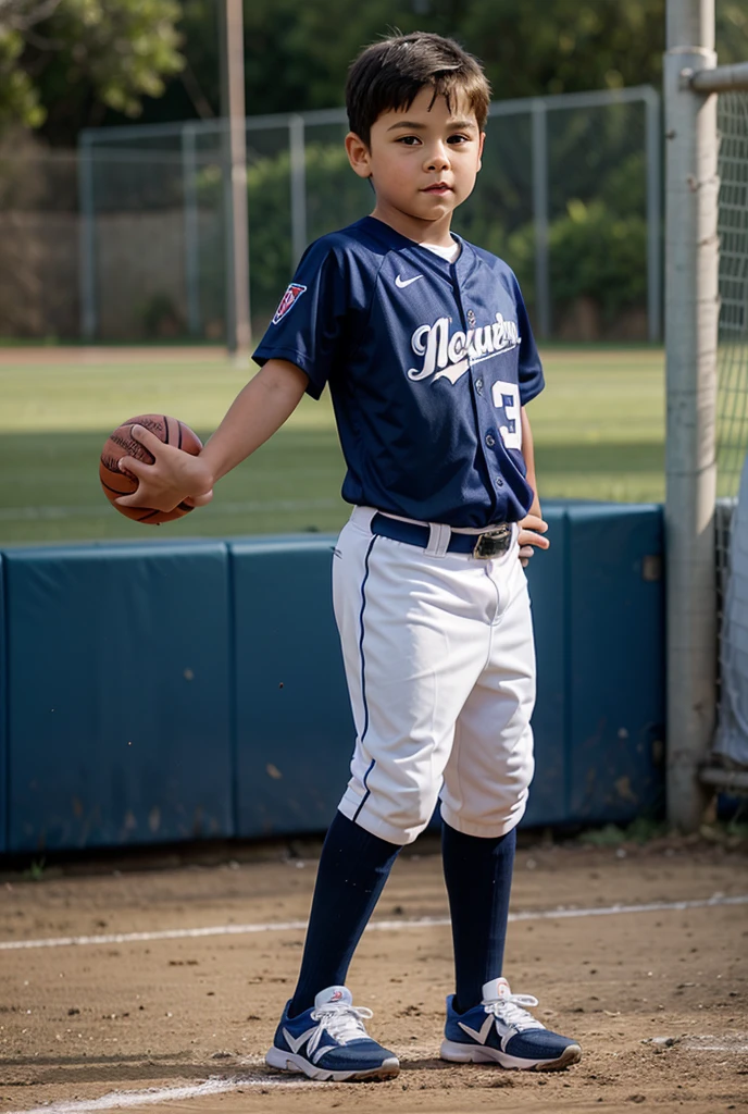 Brunette boy with bare feet playing ball