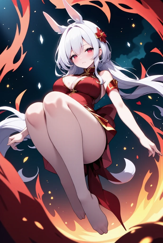 (super high-resolution CG unity 8k wallpaper, beautiful painting style, extremely detailed fire magician loli without clothes, white hair and red eyes, mysterious and sexy, with a seductive smile, holding a raging flame, devouring half of the watermelon, as if It is like an artifact. The beautiful lines outline the enchanting figure of Lolita, and the eyes flash with unique mystery and temptation, which makes the viewers unable to extricate themselves.)