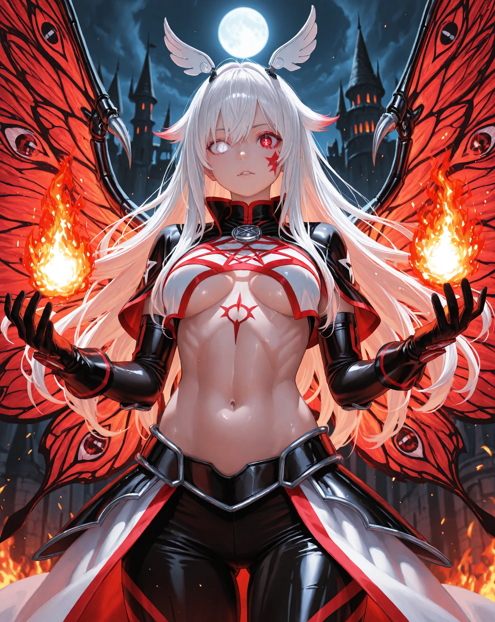 Oni girl with extreme muscular body, gigantic muscular arms, gigantic muscular tights, oni horns, red demon wings, red demon tail, huge breasts, red skin, white hair and gigantic breasts.