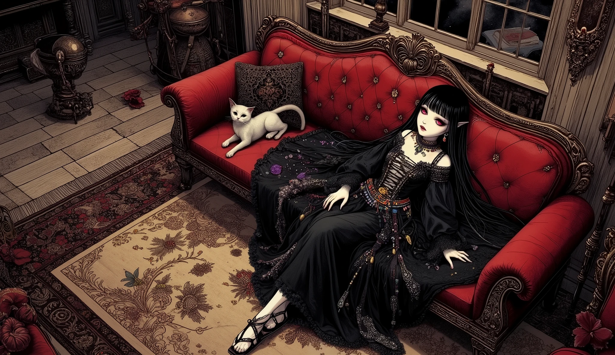 (A fusion of Ukiyo-e and dark fantasy. Aesthetic and gothic digital art. Illustrations are drawn from a bird's eye view from above.) BREAK
(Jet black hair. Blunt bangs. Black eyebrows. Long black eyelashes. Almond-shaped eyes. Glowing red eyes. Dark, thick eyeliner. Smoky makeup. Small pink lips. Round, small ears. Pale, translucent skin. Thin arms and legs. Thin fingers. White fingernails. One thumb and four fingers accurately drawn.) BREAK
(A horror-style world of vampire legends set in medieval Romania. Dark, shadowy, gothic living rooms. A young Dhampir woman lies comfortably on a long, richly furnished sofa of blood-red leather, an elegant Arabian cat on her lap, an expression of ennui on her face. The woman wears a jet-black church-style lace-up dress with yellow beads, light blue and bright green jeweled choker, purple linden embroidery, and a thin transparent cloth made of Asian-style linen, elegantly wrapped around her waist. She wears a dagger sheathed at her waist with Turkish-style silver relief, braided sandals, and gold-embellished bracelets and anklets on her wrists and ankles. Beautiful silver false hair is braided into her hair. Darkness covers the area.)