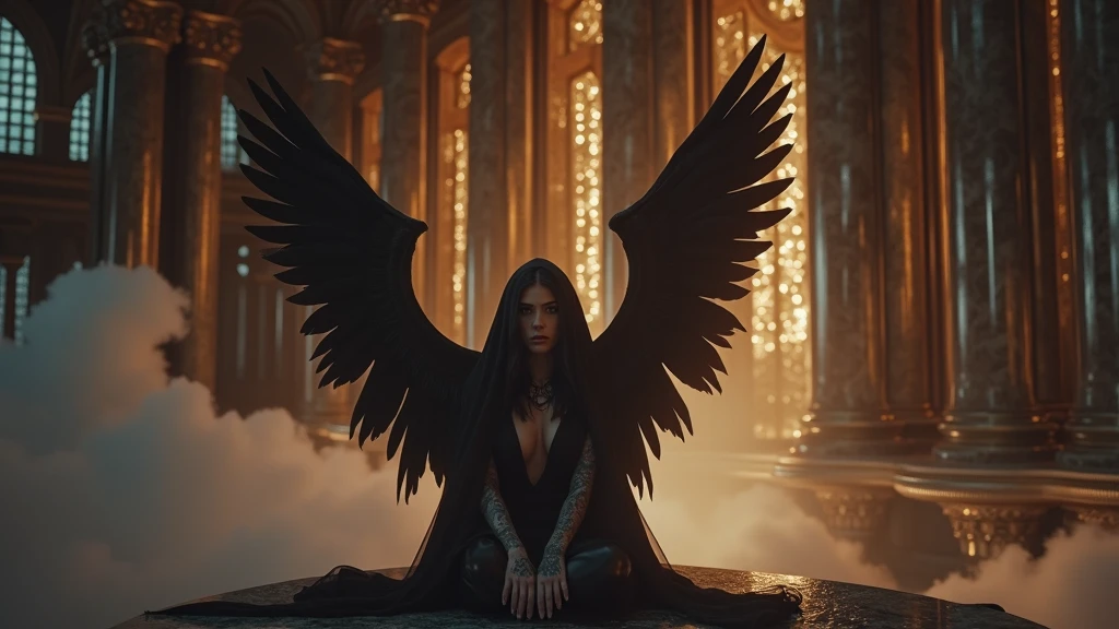 A dark-haired female pretty cleric nude with a pair of majestic black angel wings, draped in ornate robes of midnight blue.