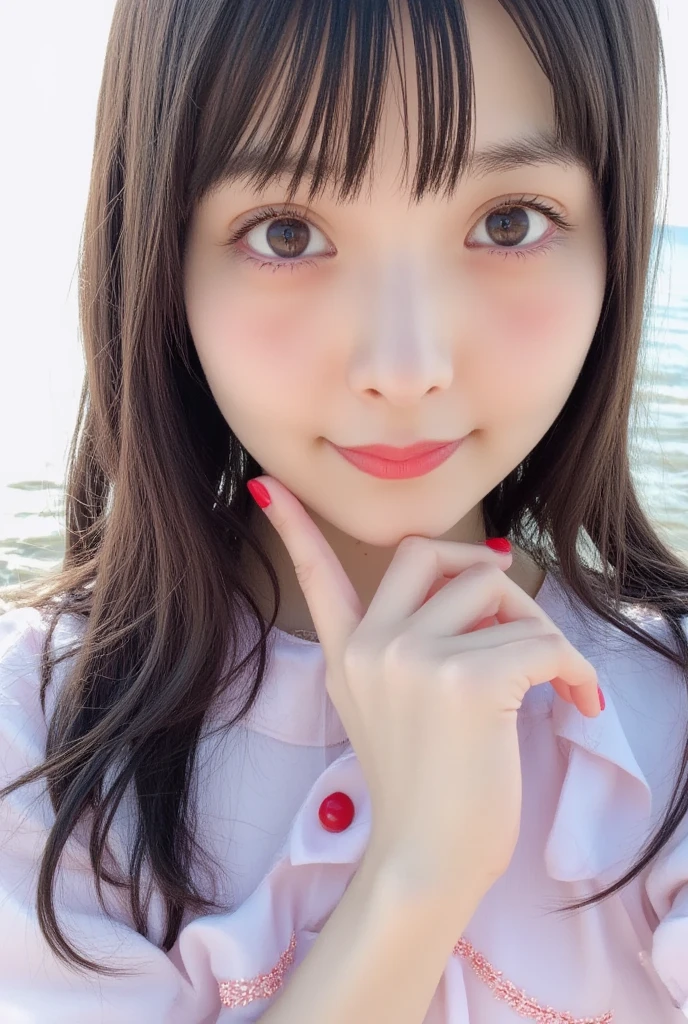 (Dynamic Angle:1.3),Extreme close up,((the wind is strong)),映画ofハイライト,1人of女of子,Upper Body,dancing,View your viewers, ((On the beach, alone)), jewelry, blank eyes,brooch, 茶hair,( 長いhair:1.2),floating hairlong_sleeve, ribbon, Jacket, dress, gem, hair_ribbon,null, depth_of_Field, a close view of flying petal,Smiling face,((wince))