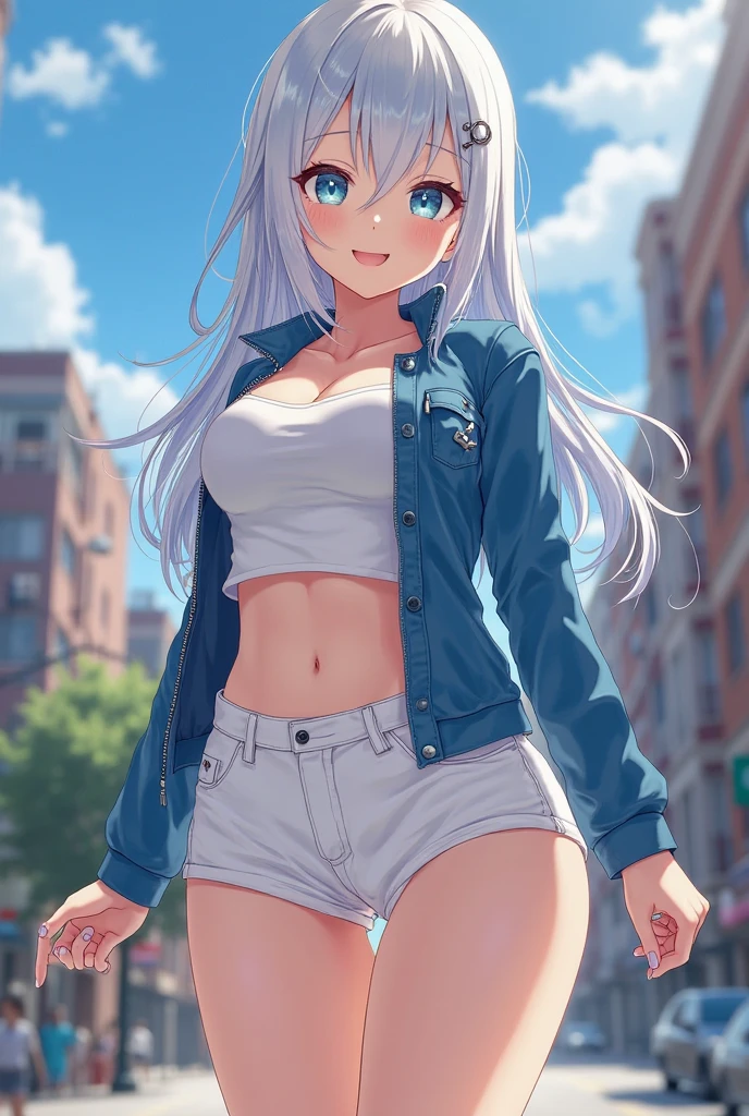 masterpiece, best quality, <lora:blkhanekawa-nvwls-v1-000009:0.9> blkhanekawa, short hair, cat ears, slit pupils, large breasts, blue jacket, white shirt, jeans, outdoors, walking, cityscape, street, looking at viewer, blue sky, smile