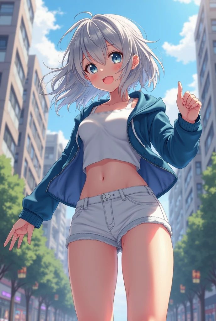 (masterpiece,Perfect Anatomy,highest quality,Super detailed,High resolution.8k,Highly detailed CG,),Highly detailed eyes,Detailed face,Perfect hands、Highly detailed five fingers,Perfect Legs、One Girl,(Heterochromia: Yellow right eye and blue left eye),very long white hair,(Dark Skin:1.3),shiny skin,(Small breasts),Slender body,low length,(12 years old),Tree Eyes,small eyes,
,laugh,BREAK,White off-shoulder shirt,Short jeans,sneakers,BREAK,Rule of Thirds,contrapposto,Perfect Five Fingers,waving,Detailed main street,Clear blue sky,at noon,sun,from the front,low angle,Cowboy Shot
