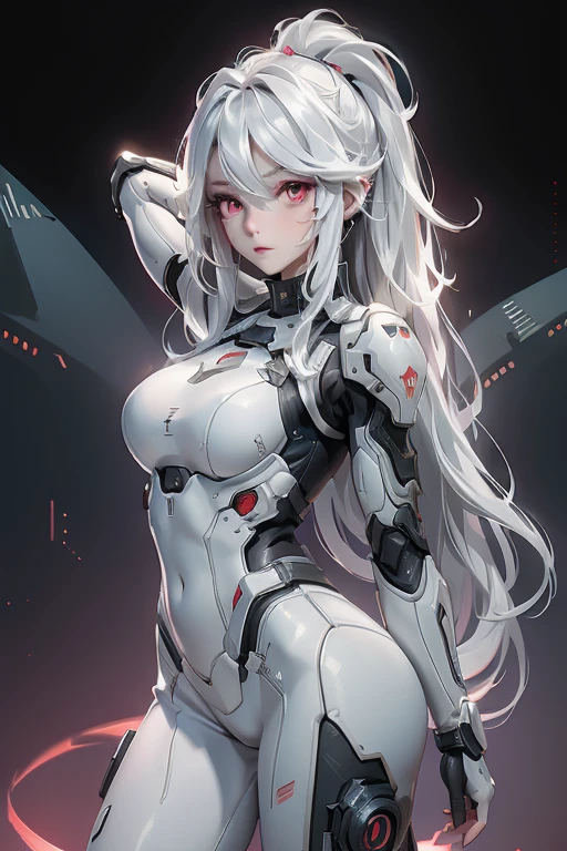 ((Cyberpunk women images))，raise one's arms high:1.4、armpits,,(masterpiece:1.4, highest quality, Dutch Angle)(One Girl, alone)（Gray hair that changes with light、Smooth and straight hair、WHITE hair fluttering in the wind）、（beautiful, Glowing Skin、Cheek Gloss Highlighter、Sexy and very beautiful and adorable face、The most beautiful face in the world、big, Glowing red eyes）、（Cute 25 year old girl, large breasts、Tight waist、Delicate shoulders、Perfect figure）（Overall dark、A ruined futuristic city、The world at the end of the century、Traces of war、cave、Remains）(Futuristic combat suit、White combat armor、Highly decorated combat uniform、Weapons are deployed to surround the woman)（Shooting from close range、Pictures of female faces）
